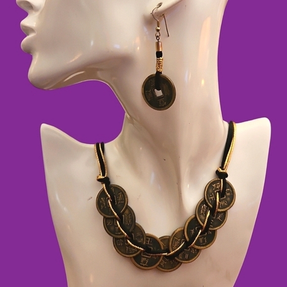 Vintage Chinese Coin Medallion Rope Necklace Earrings Set - Picture 1 of 6